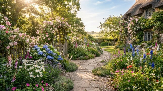 A picturesque pathway winds through a vibrant garden, leading to a charming thatched cottage.