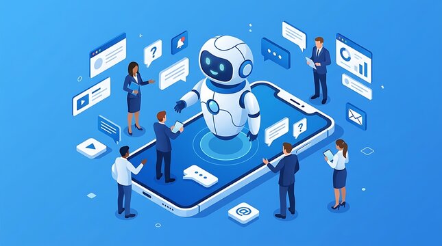 Isometric ai chatbot illustration on smartphone screen. Cyberbot interacting with customer service agents. Blue technology concept of virtual assistance, mobile app support