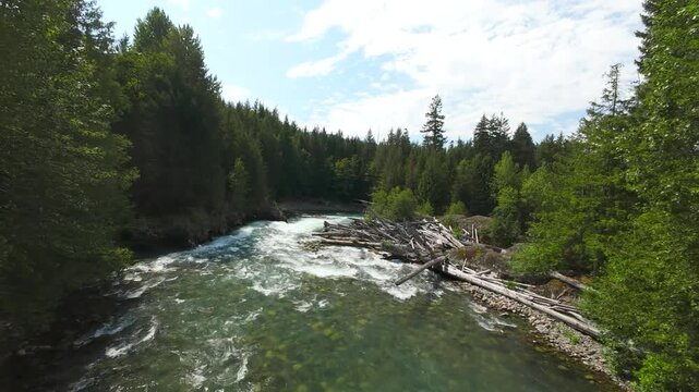 ow angle aerial shot tracking along a swift mountain river with white water rapids, a large pile of fallen logs, and dense green forests on a bright day.