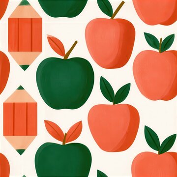 Seamless pattern of alternating apples and pencils for education