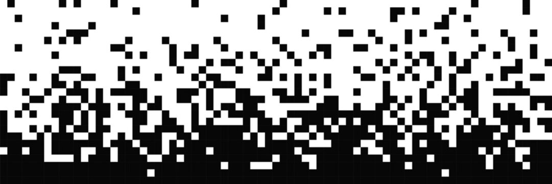 Pixel dissolved vector background. Black square mosaic dispersion with digital fade effect. Y2K pixel disintegration, explosion transition and abstract geometric texture isolated on white background.