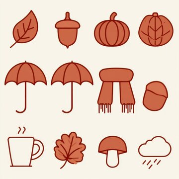 Set of minimal autumn theme line icons. Vector illustration of leaf, pumpkin, acorn and weather symbols