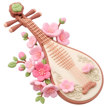 3D Clay Traditional Pipa Lute with Cherry Blossom Sakura, 3D Pipa, 3D Instrument, Music Tools 