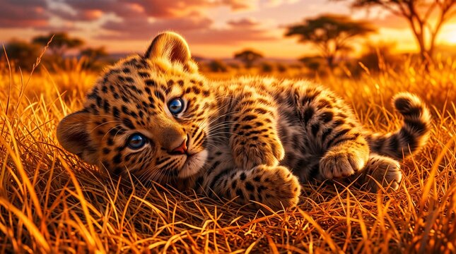 Adorable Baby Leopard Cub Lying in Golden Savanna Grass &ndash; Heartwarming Wildlife and Nature Conservation Concept