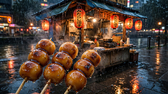 Glazed Japanese mitarashi dango skewers freshly grilled at a rainy nighttime festival market illuminated by warm lanterns.