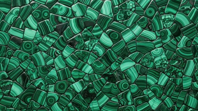 Green malachite texture background with glossy gemstone pattern and facets
