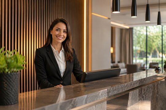 Professional female receptionist welcoming guests at a modern luxury hotel front desk with elegant contemporary interior design and warm ambient lighting.