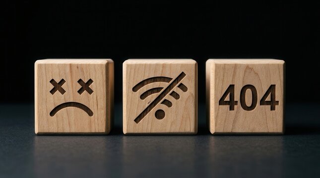 Three wooden blocks showing a sad face, no wifi icon, and 404 error code.
