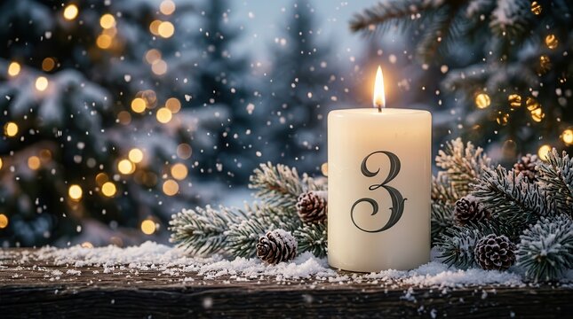 Lit candle marked with number three on snowy wood amidst pine needles for advent season.
