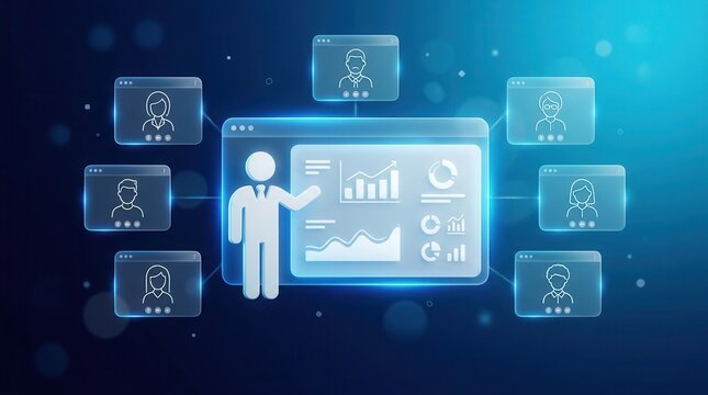 Remote training and virtual webinar concept showing a presenter with participants in video windows.