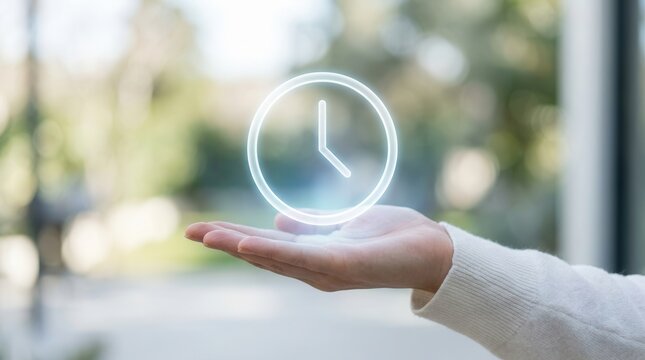Virtual time icon with a glowing clock symbol held in a woman's hand.