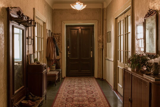 Charming vintage entry hall with a dark wood door, coat hooks, framed art and gentle daylight, evoking the warmth of a classic old home.