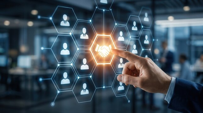A hand interacting with a digital hexagon interface representing business partnerships and teamwork.