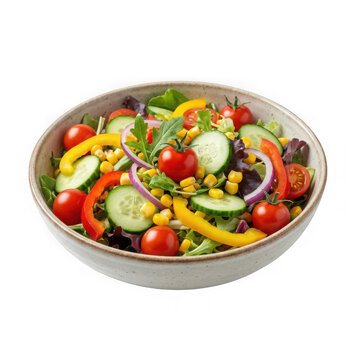 Fresh vibrant salad in a ceramic bowl with colorful vegetables isolated on transparent background