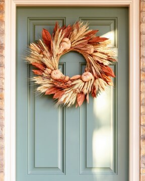 Handmade still life autumn wreath with dried wheat and leaves on green front door