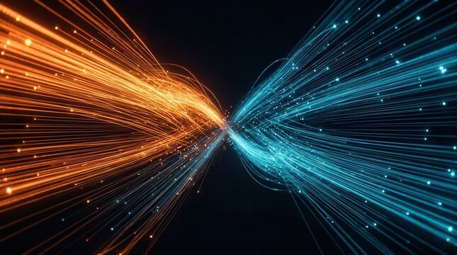Dynamic light beams in orange and blue representing transition and change management.