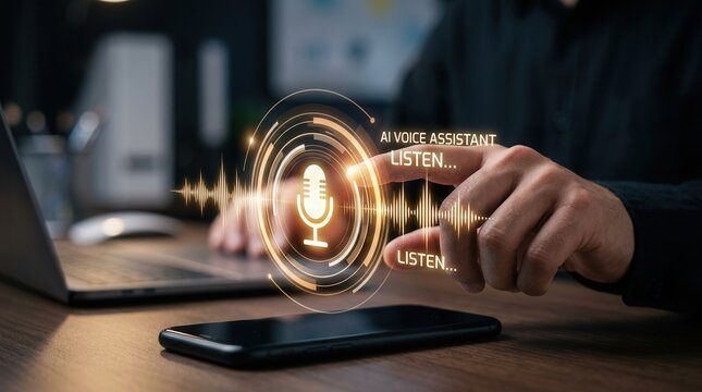 A smartphone displaying an AI microphone icon and voice waveform during activation.