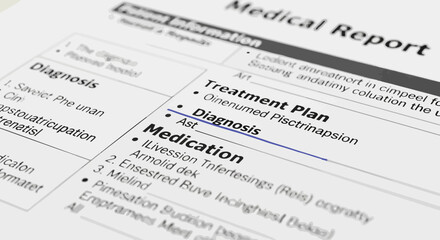 Obraz premium Close up medical report with diagnosis and treatment plan.