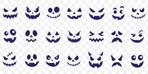 Fototapeta premium Halloween pumpkin carving faces set, 28 spooky jack-o-lantern expressions, black vector silhouettes for autumn holiday decor 