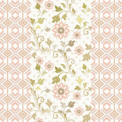 Fototapeta premium Soft Pink Floral and Cream Leaf Geometric Pattern with Small Diamond Shapes and Delicate Border – Elegant Seamless Design for Clothing, Fabric, Textile, Prints and Decorative Products