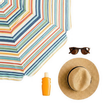 Summer beach essentials including umbrella sunscreen hat and sunglasses isolated on transparent background