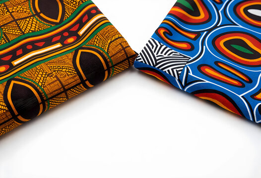 African textile patterns and cultural heritage, vibrant wax print fabrics with traditional designs on white background
