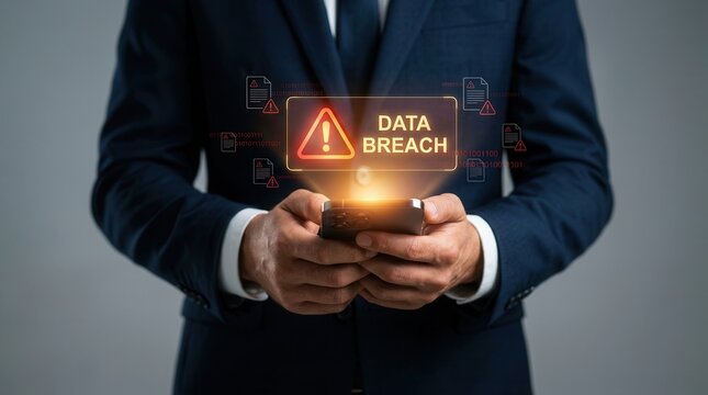 Cybersecurity alert concept featuring a businessman with a smartphone and data leak warning.