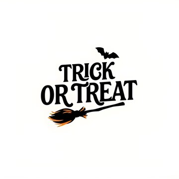 Spooky Trick or Treat Halloween Design with Black Bat and Broomstick