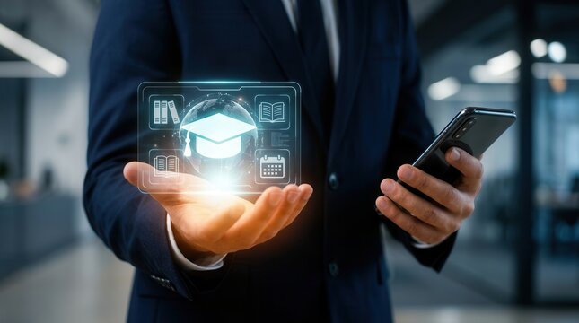 Holographic education icons and a graduation cap floating above a businessman's hand near a smartphone.