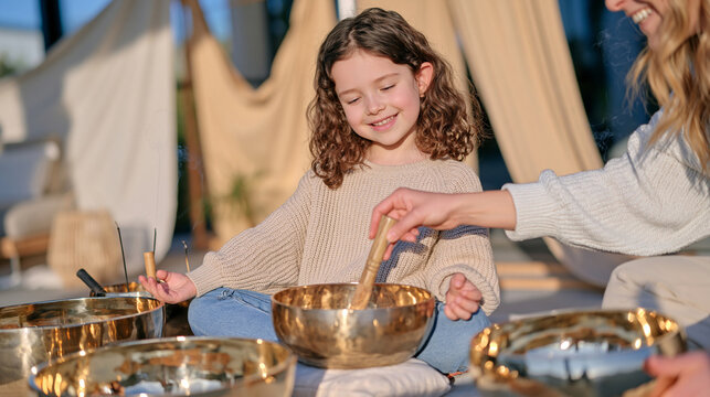 Child sitting cross legged on a meditation cushion surrounded by large singing bowls in a candlelit healing studio, eyes wide with curiosity as a therapist lightly taps a resonating bronze bowl, sha