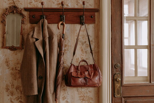 Vintage entryway with a wooden coat rack, hanging coats, scarves and bags, warm light and rich brown tones creating a cozy old-home mood full of charm.