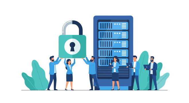 Cyber Security and Data Protection Concept with Professional IT Team Managing Secure Server Network Flat Vector Illustration