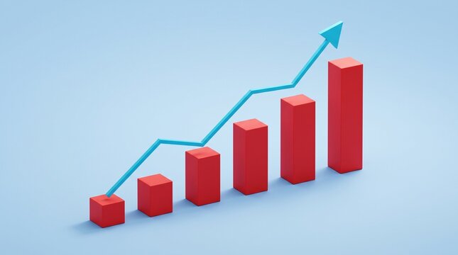 Minimalist 3D financial bar chart with rising arrow, red growth columns on blue background, business success and data visualization