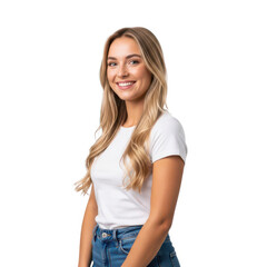 Fototapeta premium Smiling woman with long blonde hair isolated on white background