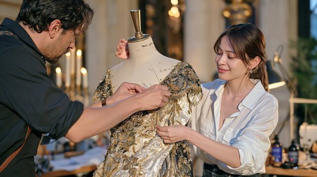 Costume designer working by candlelight on an elaborate theatrical gown, process in action as hands pin intricate beaded fabric to a dress form, male grooming minimal product arrangement resting on 