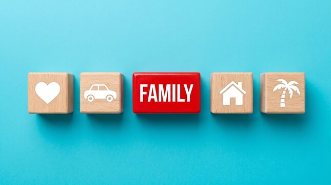 Family values wooden blocks on blue background, red block with family text and life icons, insurance and planning concept