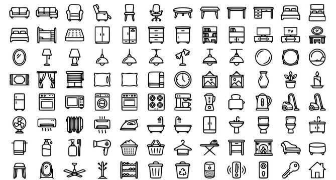 Modern Home Interior UI Icons &ndash; 80 Minimal Thin Line Furniture Kitchen Bathroom and Appliance Vector Pack