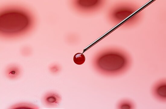 A sharp metallic point with a single drop of red liquid suspended