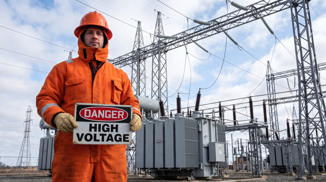 electrician in safety suit holding danger high voltage warning sign at power substation industrial worker in protective gear electrical grid safety high voltage equipment energy infrastructure profess