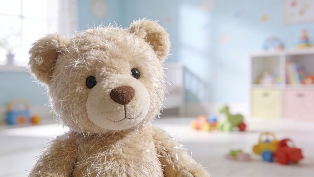 Soft plush teddy bear sitting on polished nursery floor surrounded by colorful toys beside white baby crib in bright cozy children room warm sunlight creating gentle reflections fluffy beige fur frien