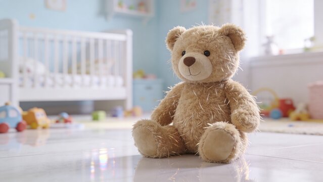 Soft plush teddy bear sitting on polished nursery floor surrounded by colorful toys beside white baby crib in bright cozy children room warm sunlight creating gentle reflections fluffy beige fur frien