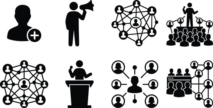 Social networking and communication icons showing leadership, digital connections, public speaking, and online community interaction concepts