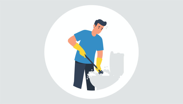 Cartoon vector illustration of a hard-working man in yellow gloves scrubbing a toilet bowl with a brush.
