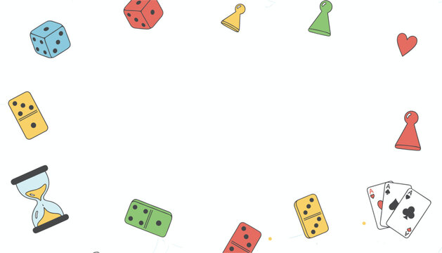 Board game themed border decoration with colorful dice, dominoes, hourglass, playing cards, and game tokens.