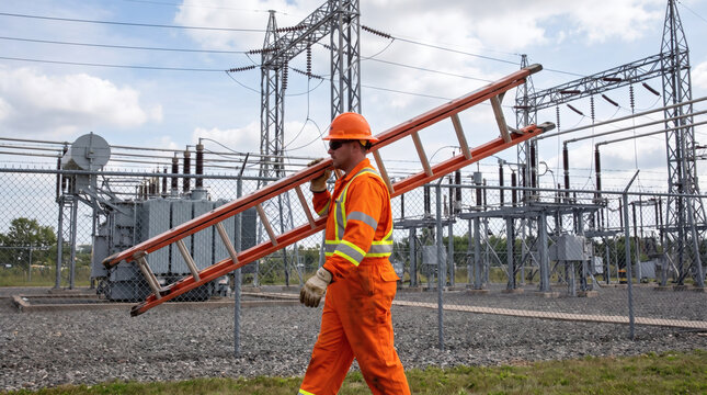 side view of electrical worker in safety gear carrying ladder at high voltage power substation grid industrial utility maintenance energized equipment professional lineman hard hat gloves protective s