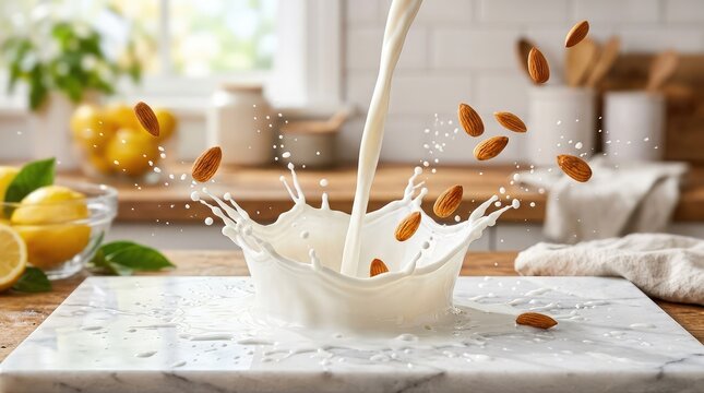 Pouring almond milk with dynamic splash and flying almonds on marble kitchen table