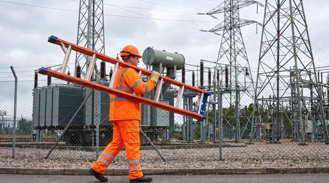 electrician in safety suit carrying insulated ladder near high voltage power substation grid industrial utility worker in protective gear performing electrical maintenance safety first energy infrastr