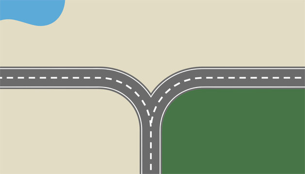 Stylized road split at a Y-junction with green grass and sandy terrain in a flat design cartoon map layout.