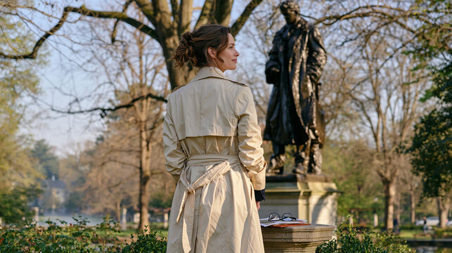 Museum docent standing alone in a misty heritage garden at first light beside a single bronze sculpture, the symbolic still life of her folded tour pamphlet and reading glasses resting on the sculpt