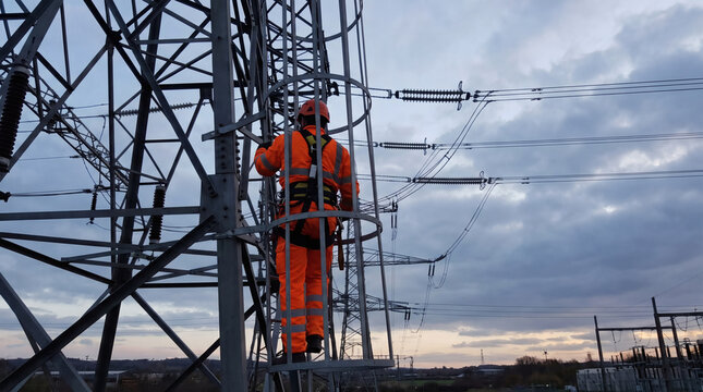 back view of industrial worker in safety harness and helmet climbing steel lattice tower stairs high voltage power grid infrastructure against clear blue sky utility maintenance and electrical enginee